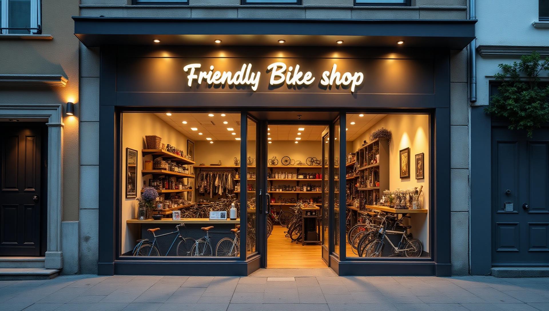 Welcoming bicycle shop storefront entrance with warm lighting