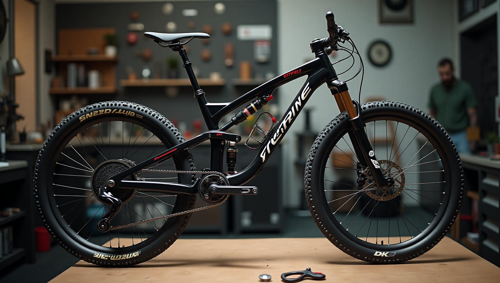 Premium custom bicycle being assembled in professional bike workshop