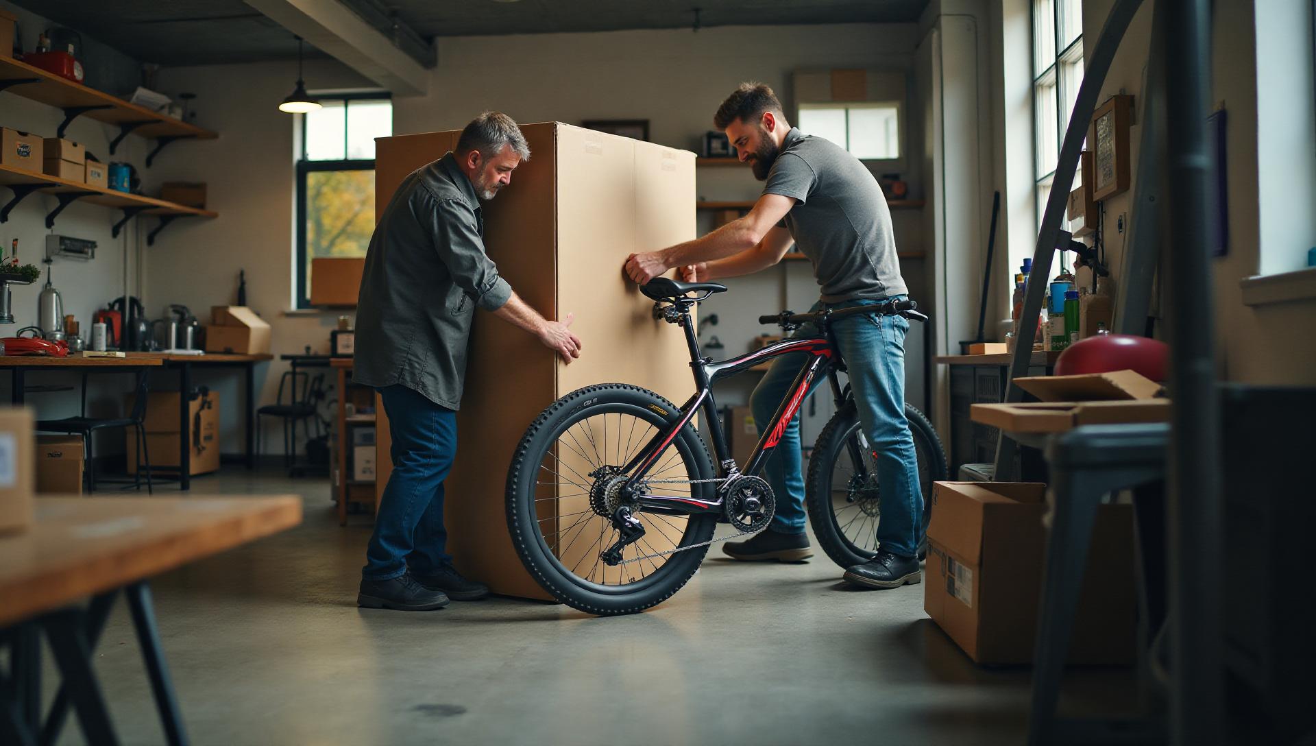 Bicycle being unpacked from shipping box for professional assembly in bike shop